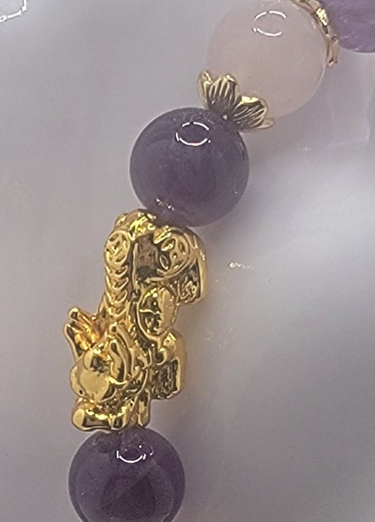 Good Luck & Protection Amethyst & Rose Quartz on 18K Gold Plated Pi Xiu (dragon) Charm & Accents