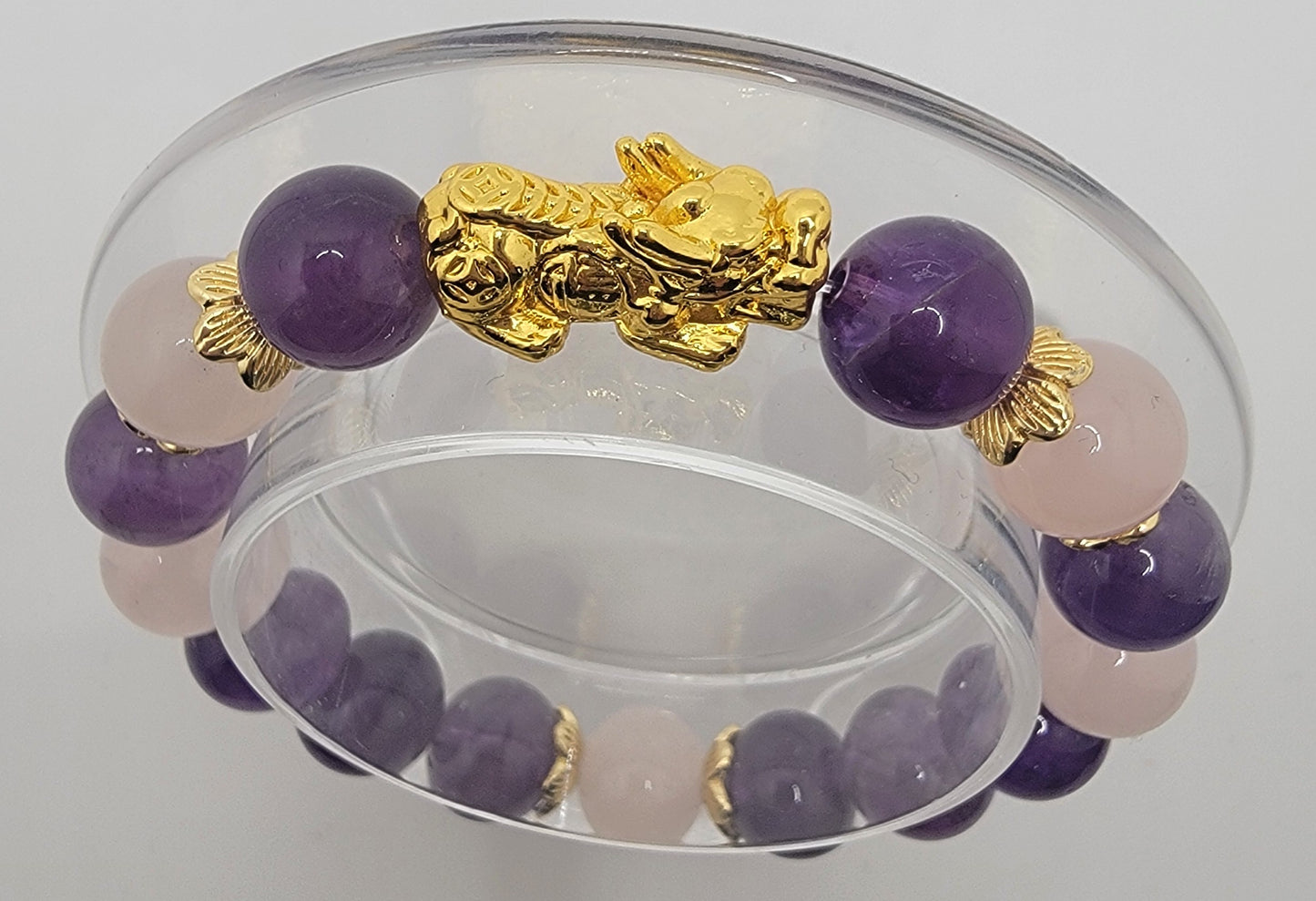 Amethyst & Rose Quartz on 18K Gold Plated Pi Xiu (dragon) Charm with 18k Gold Plated Accents--FREE SHIPPING for this item!