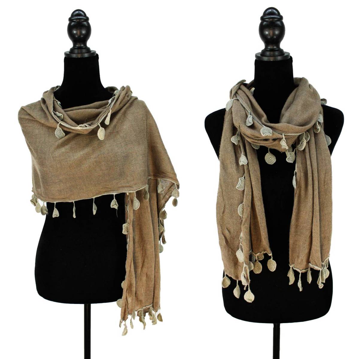 Crochet Coins Lace Tassels Oblong Scarf Shawl