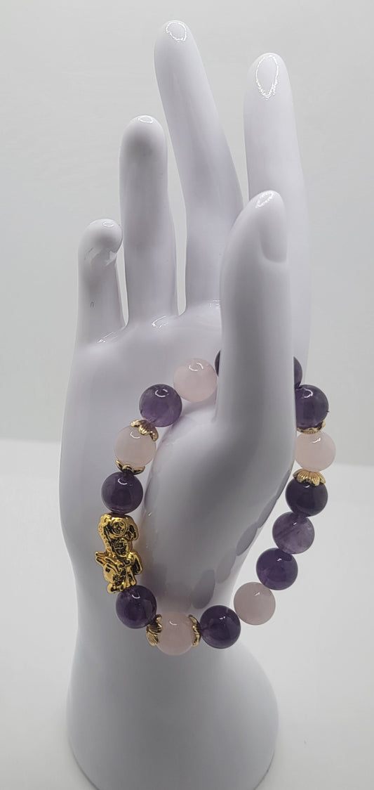 Amethyst & Rose Quartz on 18K Gold Plated Pi Xiu (dragon) Charm with 18k Gold Plated Accents--FREE SHIPPING for this item!