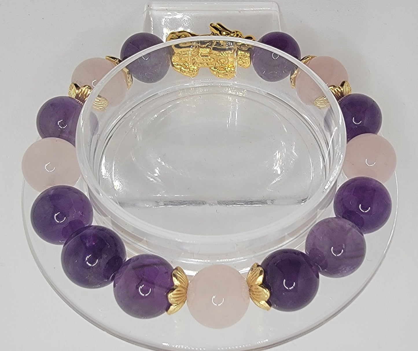 Amethyst & Rose Quartz on 18K Gold Plated Pi Xiu (dragon) Charm with 18k Gold Plated Accents--FREE SHIPPING for this item!