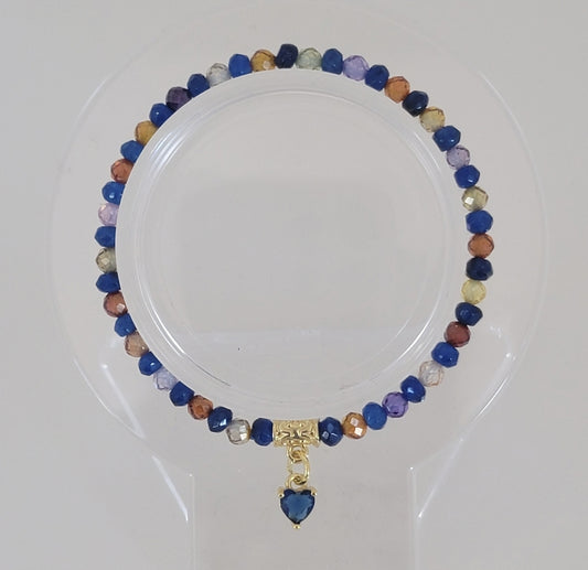 ELEGANT BLUE SAPPHIRE Heart Charm & ZIRCON CRYSTALS  on 18k Gold Plated BRACELET