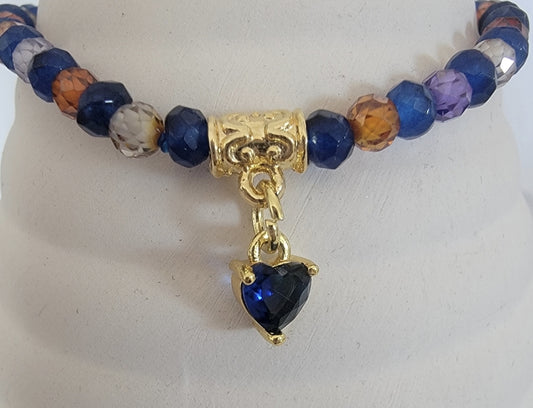 ELEGANT BLUE SAPPHIRE Heart Charm & ZIRCON CRYSTALS  on 18k Gold Plated BRACELET